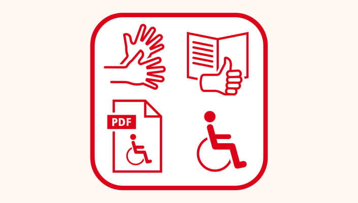 Logo für E-Accessibility: Icon für Leichte Sprache, Gebärdensprache, PDF und ein Rollstuhl.