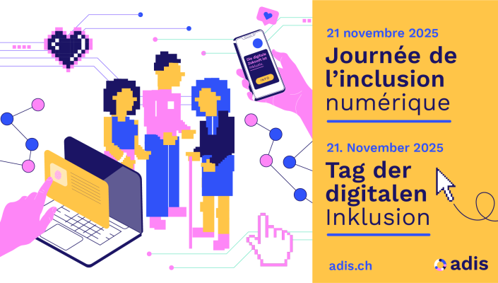 Illustration zum Tag der digitalen Inklusion am 21. November 2025. Links zeigt die Illustration eine stilisierte Szene mit drei Personen unterschiedlicher Altersgruppen, die digital vernetzt dargestellt werden. 